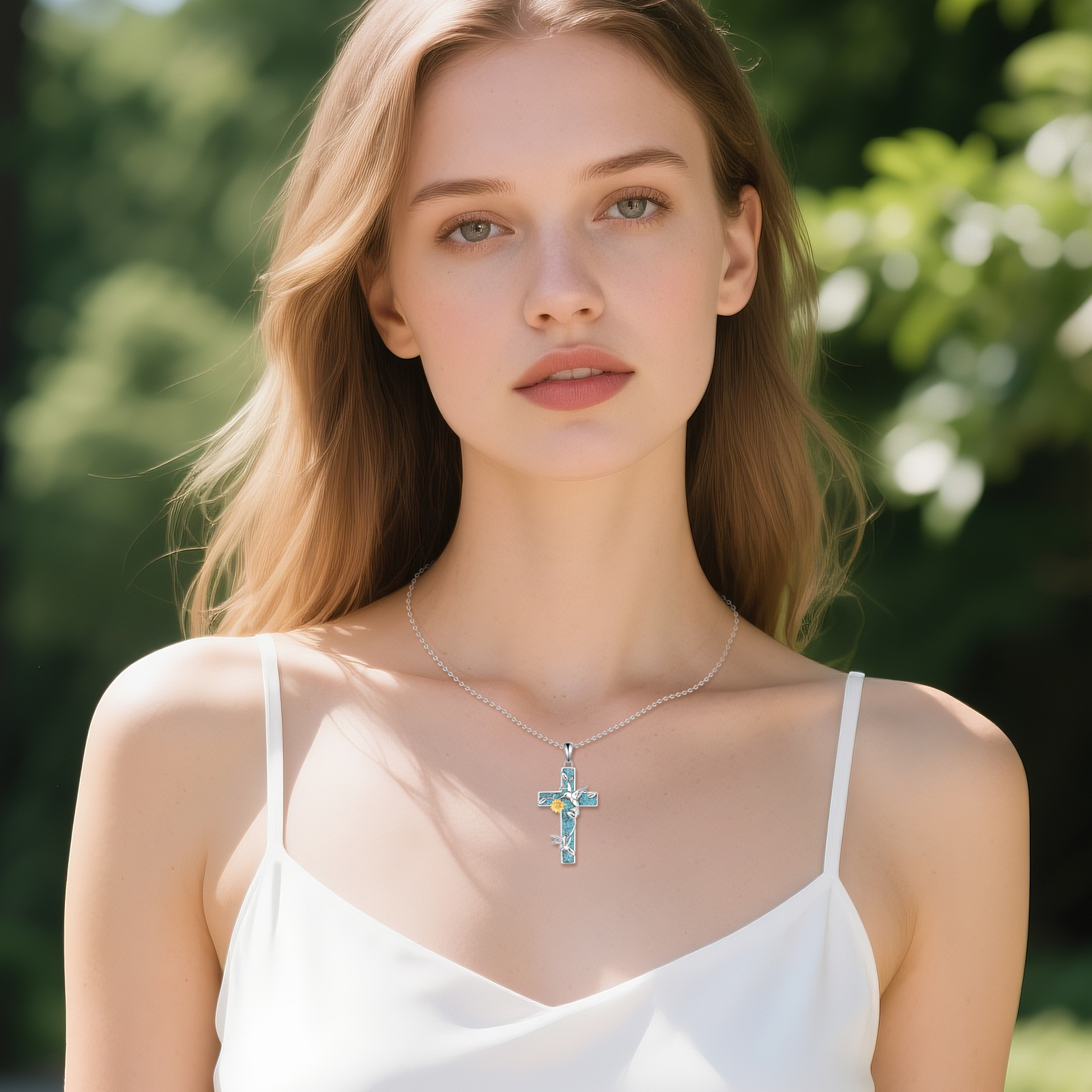 Women's 925 Sterling Silver Hummingbird Cross Pendant Necklace with Turquoise